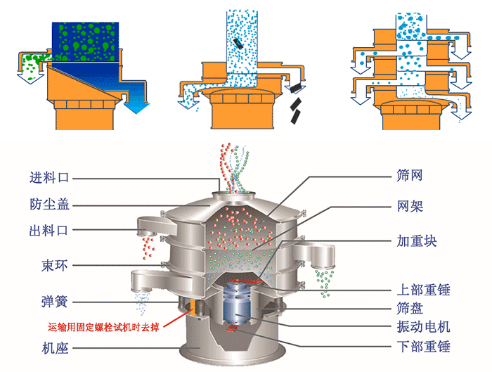 不銹鋼旋振篩結(jié)構(gòu)展示：篩網(wǎng)，出料口，束環(huán)，彈簧，防塵蓋，機(jī)座等